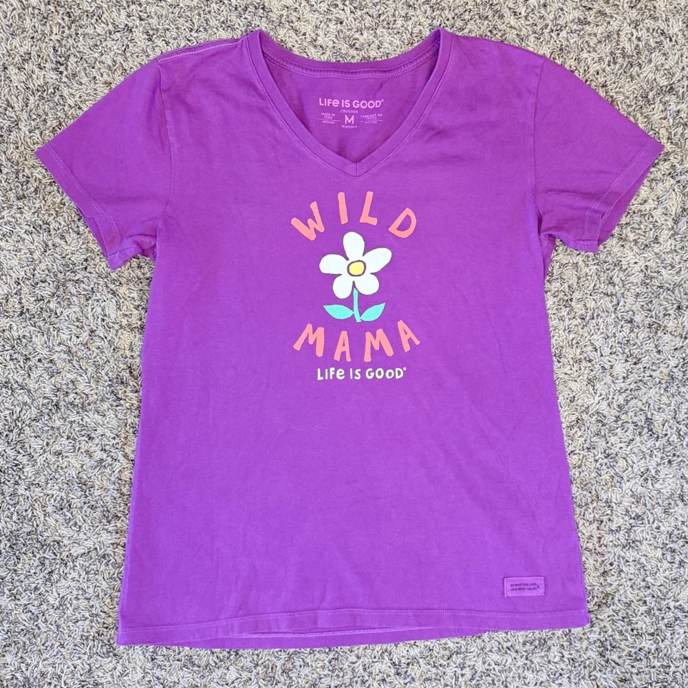 Life is Good Wild Mama Crusher V-Neck Graphic Tee Purple Cotton Womens Medium
